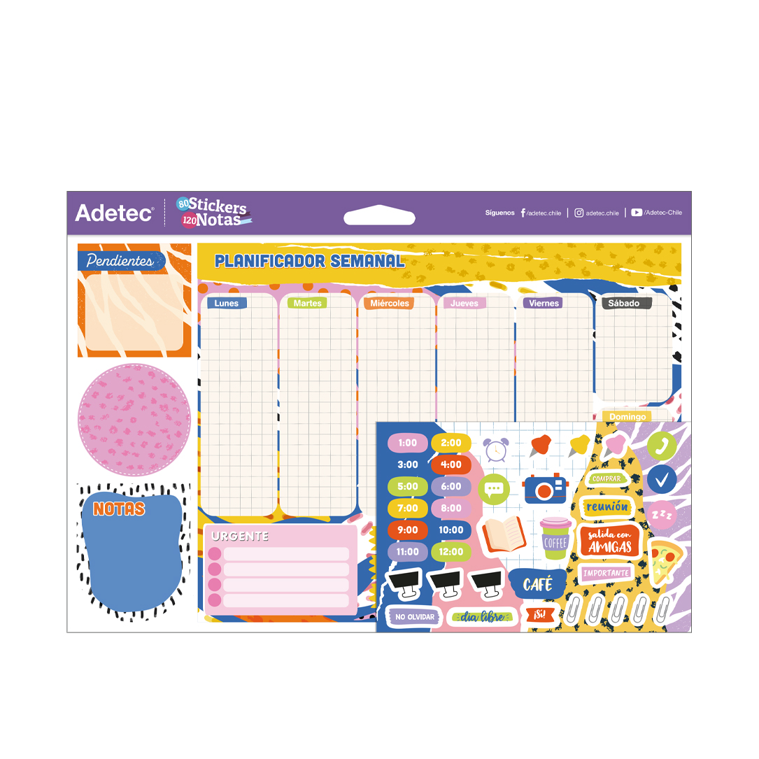 Calendario Planificador Semanal Adetec con Stikers y Notas adhesivas Colores